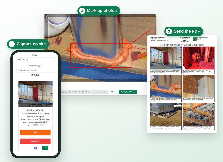 OnSite on a phone and desktop: capture site photos, mark them up, and send a branded PDF report